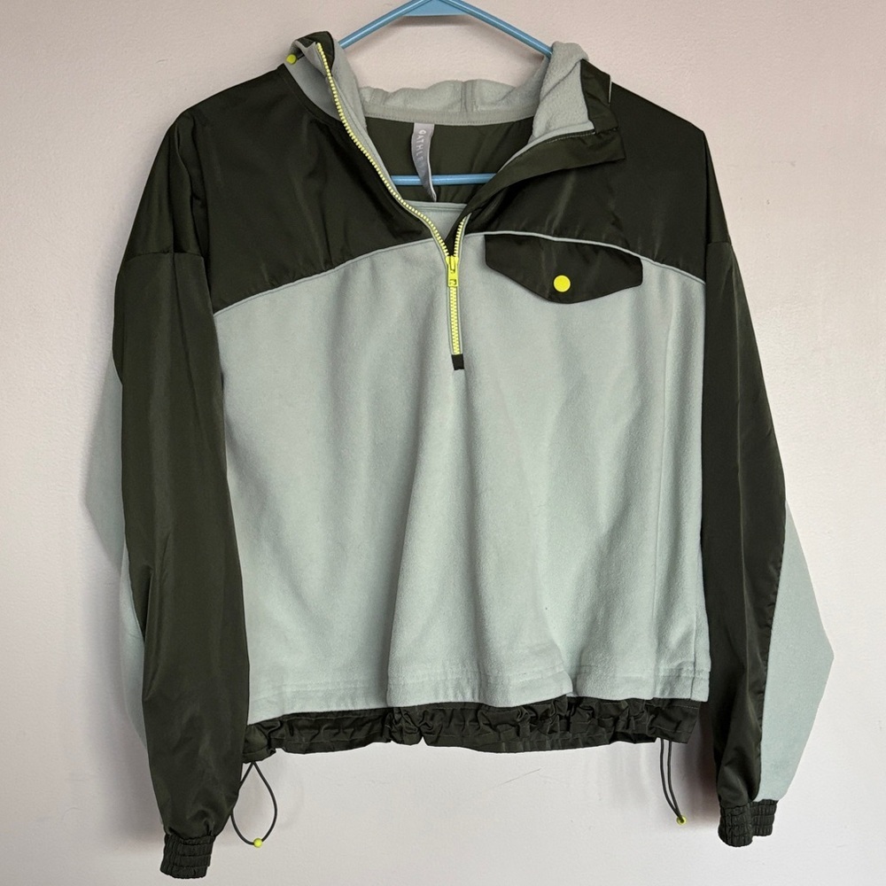 Athleta XS Hooded Half Zip Fleece Pullover Dark Light Green Cropped Jacket